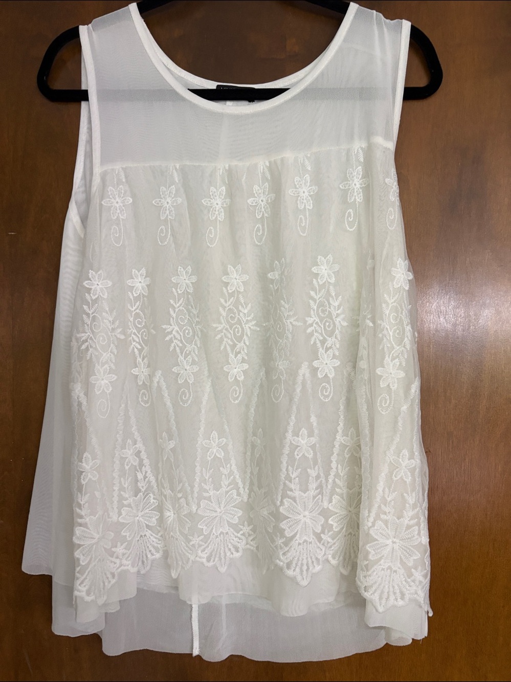 White Sleeveless Layered Mesh Tank Top Embroidered on Front XL